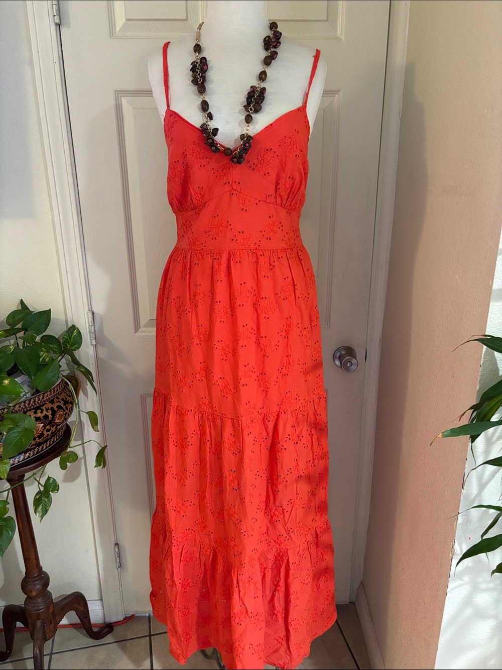 Aqua Coral Eyelet Spaghetti-Strap Maxi Dress 100% cotton